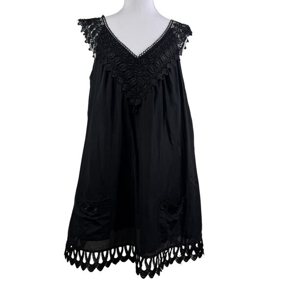 Bizz Princess Tops - Whimsygoth Black Crochet Lace Bizz Princess Tunic Large Cotton Silk Pockets
